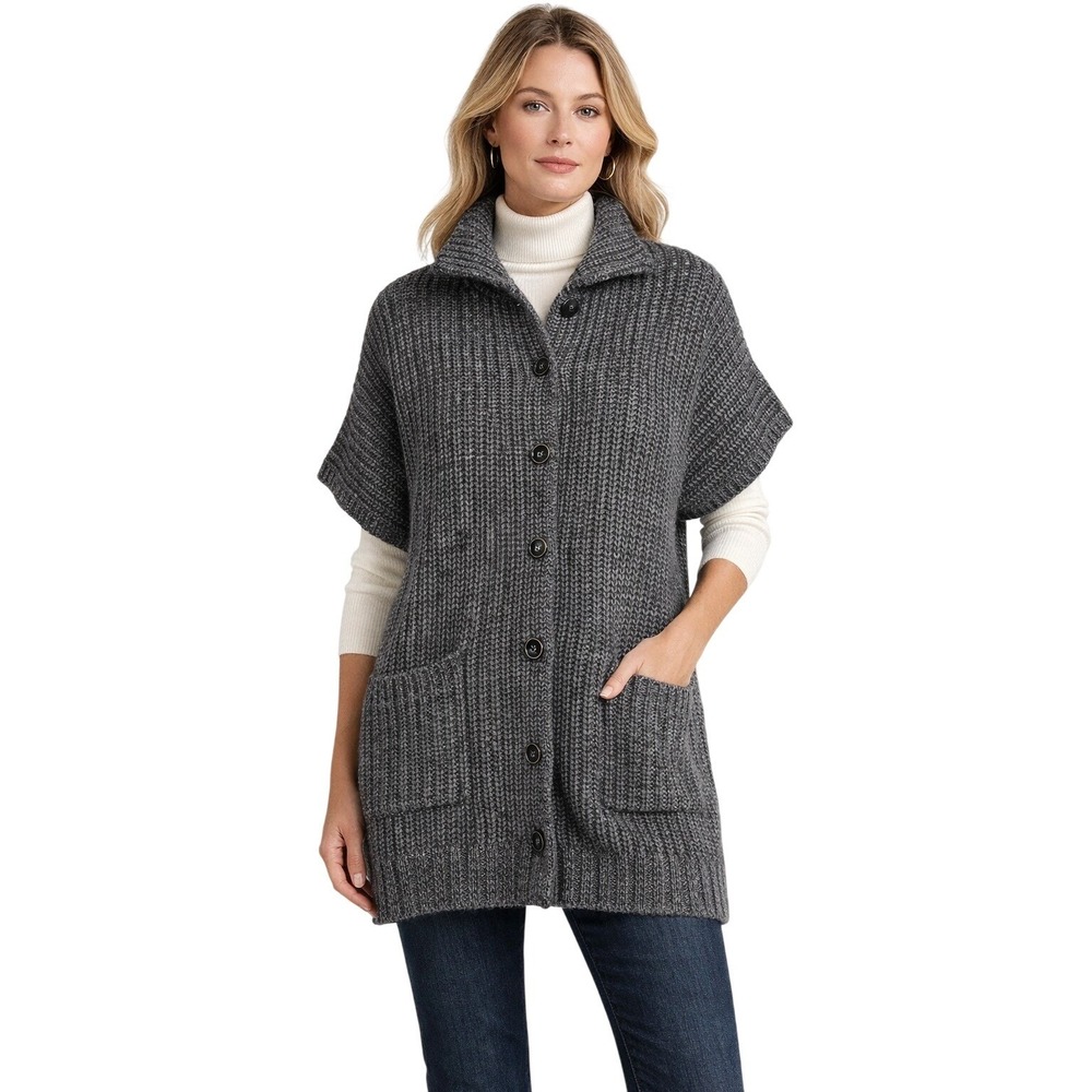 Ralph‎ Lauren L Gray Chunky Knit Merino Wool Blend Stand Collar Cardigan Sweater